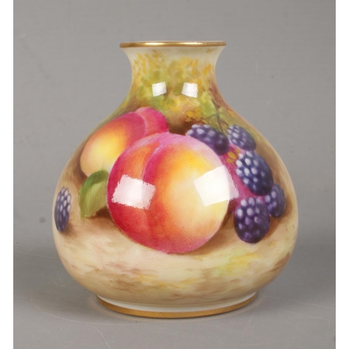 497 - A Royal Worcester narrow neck squat vase, depicting a still life scene of fruit. Stamped to base 249... 