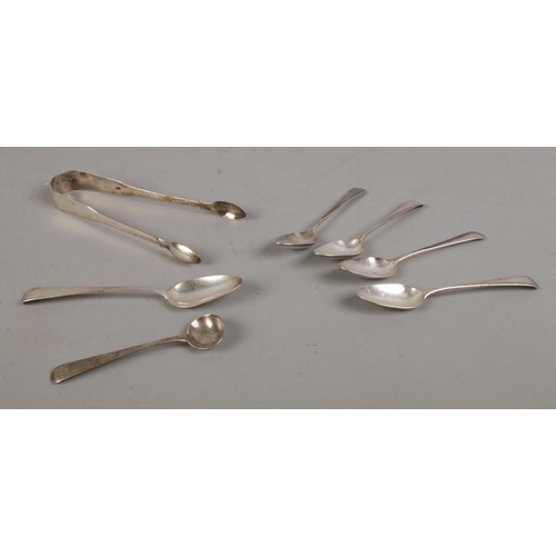 499 - A quantity of assorted silver flatware, to include four George IV teaspoons, salt spoon and sugar to... 