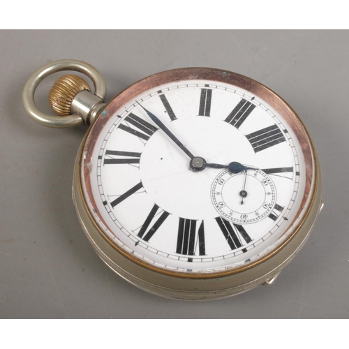 510 - A white metal cased goliath open face pocket watch in a silver mounted watch case with easel back. T... 