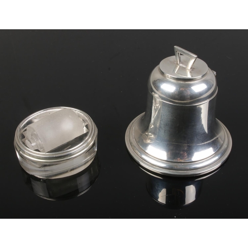 528 - A silver bell shaped inkwell with hinged lid and interior glass liner. A & J Zimmerman Ltd (Arthur &... 