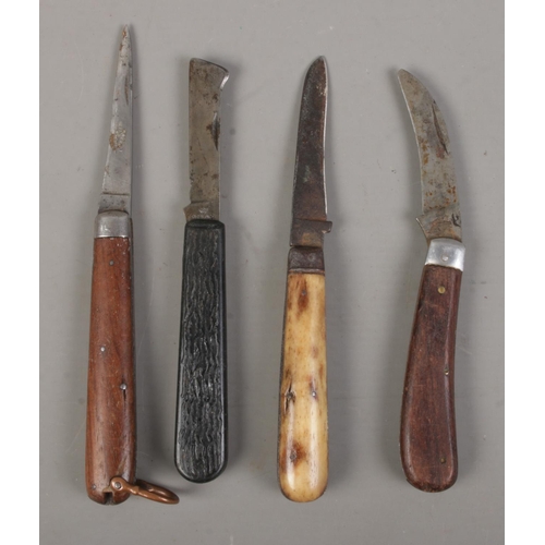 89 - Four folding pocket knives. Includes Lockwood, Gerlach, pruning knives, etc. CANNOT POST OVERSEAS.