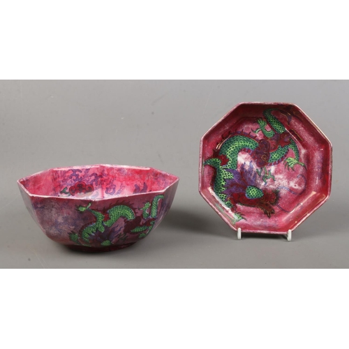 90 - Two pieces of octagonal shaped Bursley Ware ceramics in the 'Dragon' design, with dragon motif and b... 