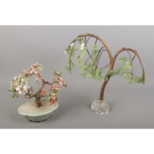 99 - A nephrite jade and hardstone bonsai tree together with wirework and glass example