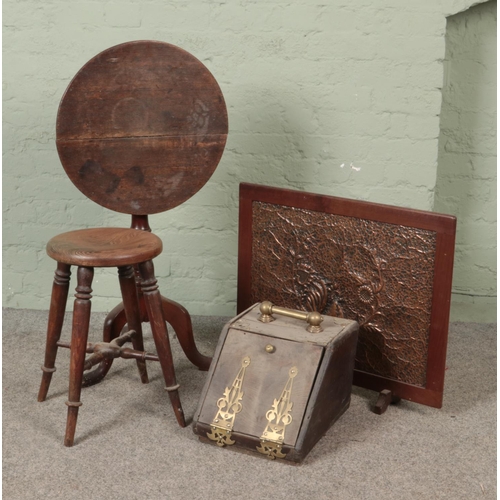 553 - An oak tilt top wine table with turned oak stool wood and copper fire screen and Victorian oak and b... 