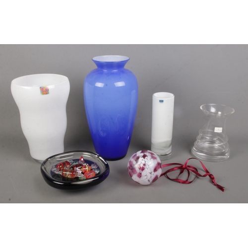 105 - A small collection of art glass, to include Caithness vase, mouth blown bauble, Dartington swirl vas... 