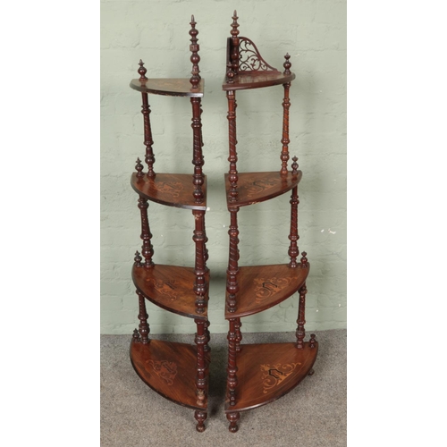 592 - A near pair of walnut inlaid four tier whatnots

Hx148cm approx