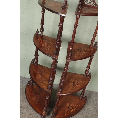 592 - A near pair of walnut inlaid four tier whatnots

Hx148cm approx