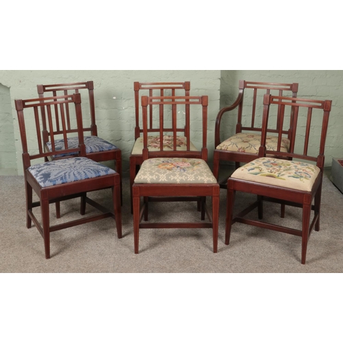 599 - A set of six mahogany Sheraton style inlaid dining chairs including single carver featuring mis matc... 