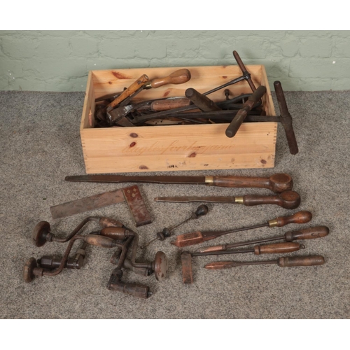 167 - A collection of mostly vintage hand tools to include Moore and Wright copper soldering irons, Archim... 