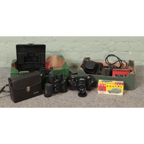 172 - Two boxes of assorted items, to include Escort Radar reciever, Vanguards  Minolta binoculars, Zenit ... 