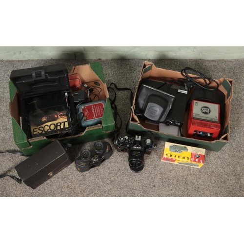 172 - Two boxes of assorted items, to include Escort Radar reciever, Vanguards  Minolta binoculars, Zenit ... 