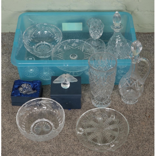 179 - A box of mostly named cut glass. Includes Stuart, boxed paperweights, drinking glasses, bowls, etc.