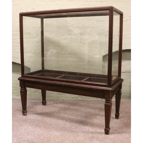 A large glass museum display cabinet raised shaped squared legs. Approx. dimensions 177cm x 80cm x 192cm.