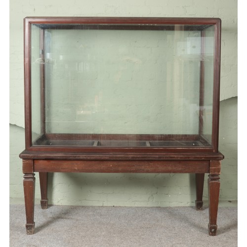 623 - A large glass museum display cabinet raised shaped squared legs. Approx. dimensions 177cm x 80cm x 1... 