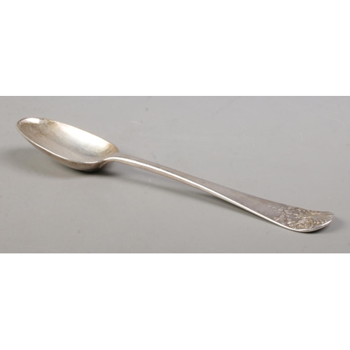 103 - A George II silver table spoon. Partial assay marks for London by Ann Hill, circa 1734-1737. 76g.