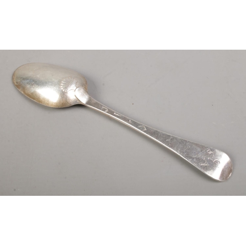 103 - A George II silver table spoon. Partial assay marks for London by Ann Hill, circa 1734-1737. 76g.