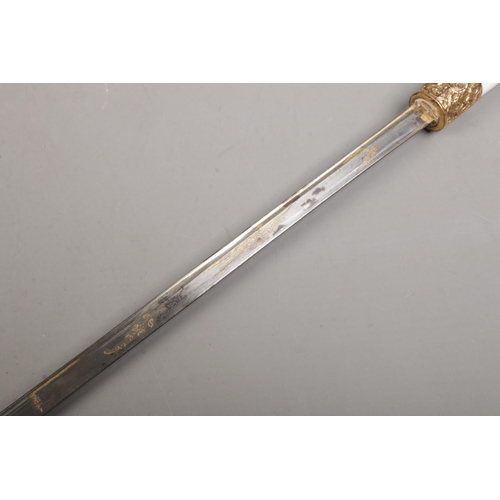 209 - A bamboo cased sword stick. Having porcelain grip, hand painted with Sevres style scenes and gilt me... 