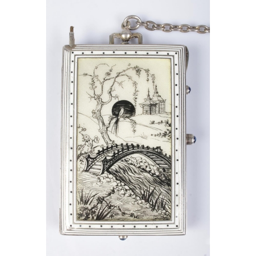 226 - A continental silver and enamel minaudiere. The front decorated with an Oriental landscape scene. Wi... 