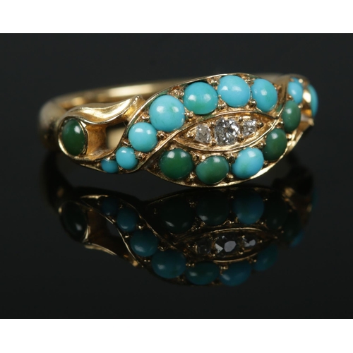 239 - A Victorian gold, turquoise and diamond ring. Tests as 18ct. Size L. 3.76g.