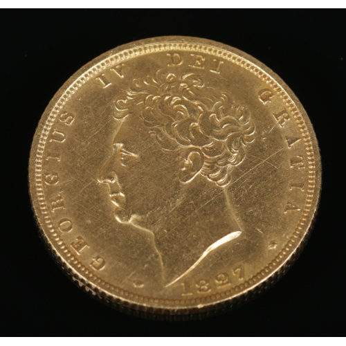 259 - A George IV full sovereign, dated 1827. Bare head portrait with crowned shield to reverse. 7.93g.