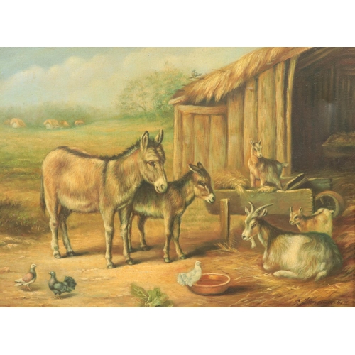 263 - RH Stevenson, a pair of early 20th century gilt framed oil on canvas, farmyard scenes with donkeys, ... 