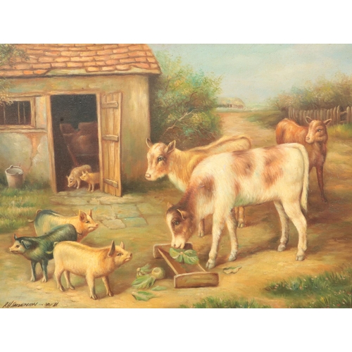 263 - RH Stevenson, a pair of early 20th century gilt framed oil on canvas, farmyard scenes with donkeys, ... 