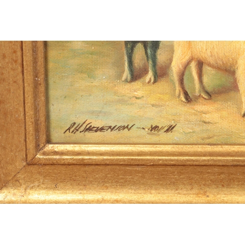 263 - RH Stevenson, a pair of early 20th century gilt framed oil on canvas, farmyard scenes with donkeys, ... 