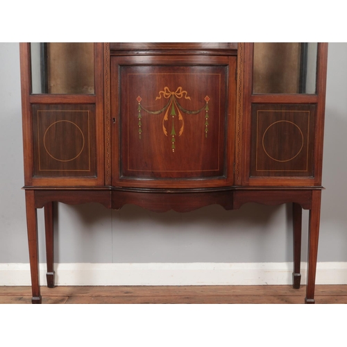 292 - An Edwardian Sheraton Revival display cabinet with strung inlay and painted front panel. Height 171c... 