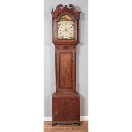 311 - A Georgian inlaid oak and mahogany 8 day long case clock. The hand painted dial depicting Britannia ... 