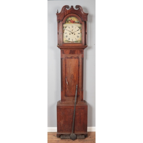 311 - A Georgian inlaid oak and mahogany 8 day long case clock. The hand painted dial depicting Britannia ... 