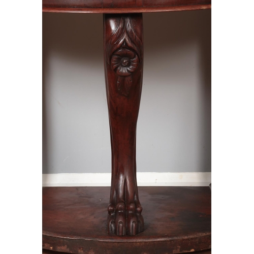 316 - A Victorian mahogany demi lune console table with marble top and central lion paw support. Height 75... 