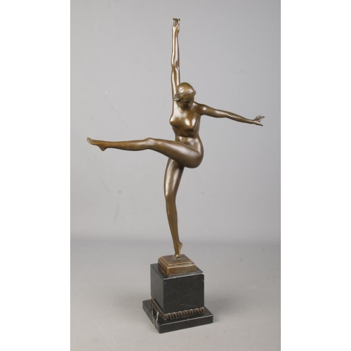 64 - After Georges Duvernet, a bronze sculpture of a nude dancing maiden, raised on stepped plinth marble... 