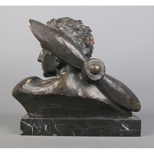 67 - A Johannes Dommisse bronzed sculpture, bust of a man with propeller. Signed to back and incised Made... 