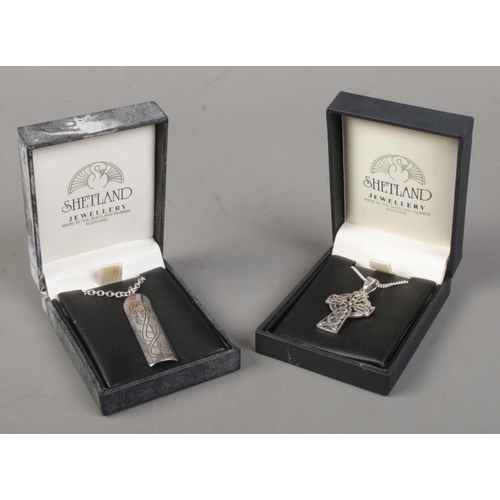 530 - Two silver pendants on silver chains. Includes Shetland Celtic cross pendant and a Kevin Allen Jelli... 