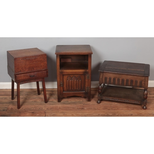 559 - Quantity of furniture including linen fold beside cabinet, oak sewing box and darker stained sewing ... 