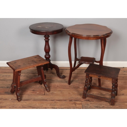 562 - A quantity of furniture including wine table, window table and stools