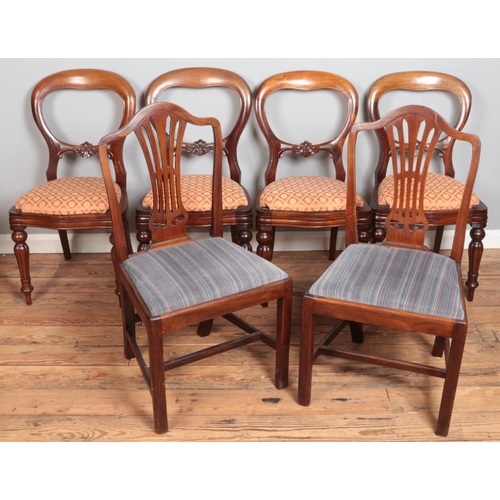 568 - Six wooden dining chairs. Includes set of four carved mahogany Victorian style balloon back examples... 