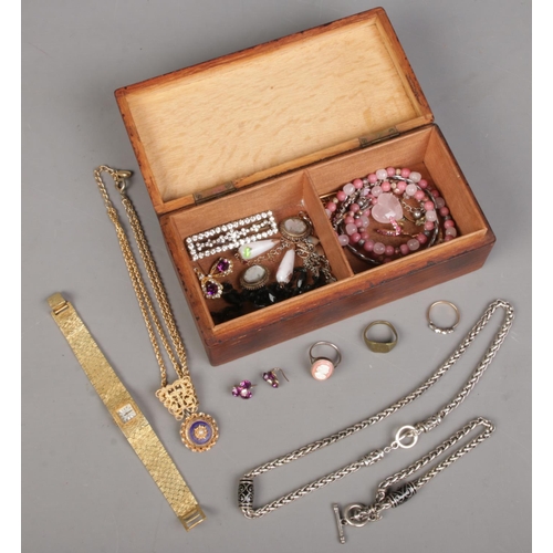 339 - A wooden jewellery box and contents of jewellery. Includes ladies Rotary wristwatch, vintage example... 