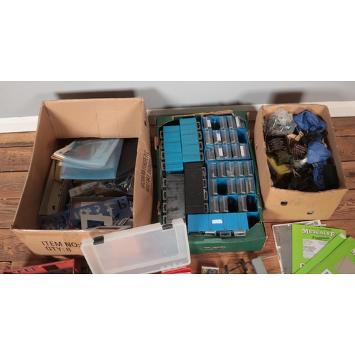 396 - Three boxes of model railway spares and repairs to include Hornby, Kibri, Vollmer, Faller, Peco, Met... 