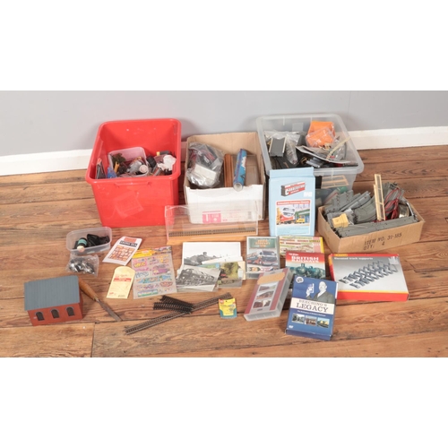 397 - Three boxes of assorted model railway spares and repairs to include scenery accessories, rolling sto... 