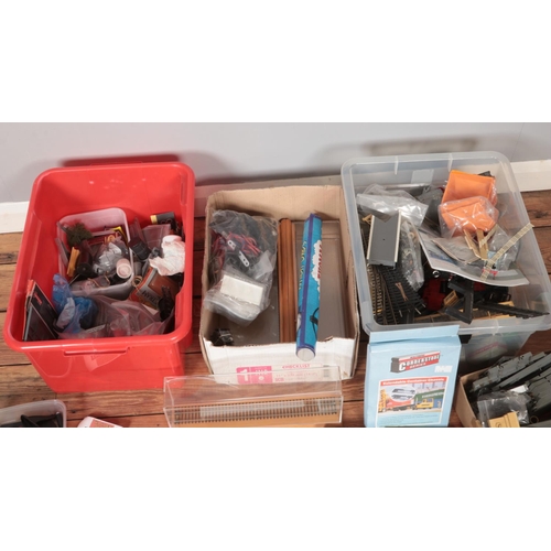 397 - Three boxes of assorted model railway spares and repairs to include scenery accessories, rolling sto... 