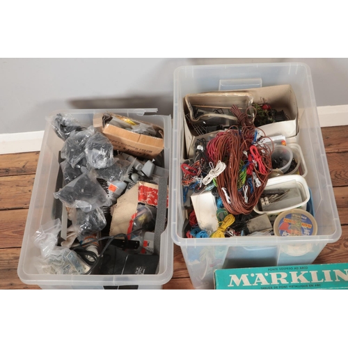 400 - Two boxes of assorted model railway spares and repairs to include Marklin Bridges, several rolls of ... 