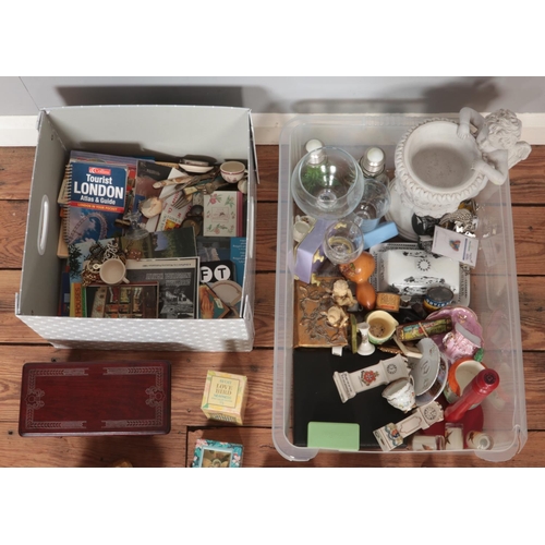 410 - Two boxes of miscellaneous. Includes crested China, boxed perfumes, composite jewellery boxes, dolls... 