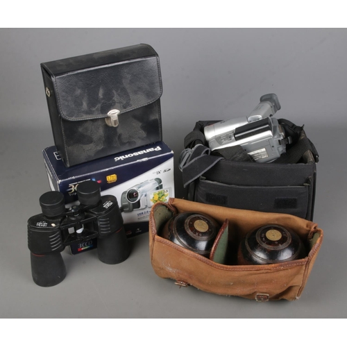 413 - A Panasonic NV-GS75 digital video camera with a Canon G10HI, Opticron binoculars and a cased set of ... 