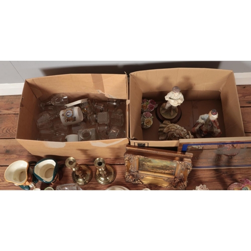 417 - Two boxes of miscellaneous to include several Leonardo Collection figures, cut glass decanters, Midw... 