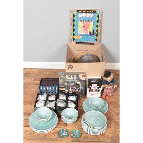 423 - A box of miscellaneous. Includes bisque head doll, Pour La Maison Jeff Banks bowls and plates, pewte... 