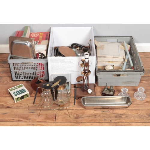 431 - Three boxes of miscellaneous. Includes dressing table set, boxed vintage Christmas crackers, boxed P... 