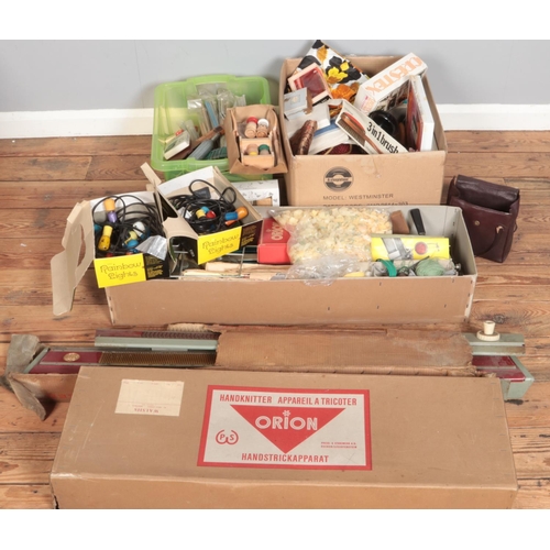 432 - Two boxes of miscellaneous. Includes boxed Orion hand knitting machine, knitting needles, vintage Ch... 