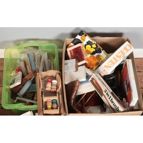 432 - Two boxes of miscellaneous. Includes boxed Orion hand knitting machine, knitting needles, vintage Ch... 