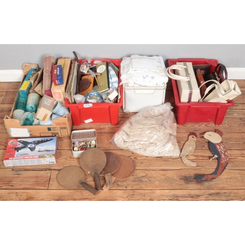 438 - Four boxes of miscellaneous. Includes handbags, boxed Airfix model, lace & linen, etc.